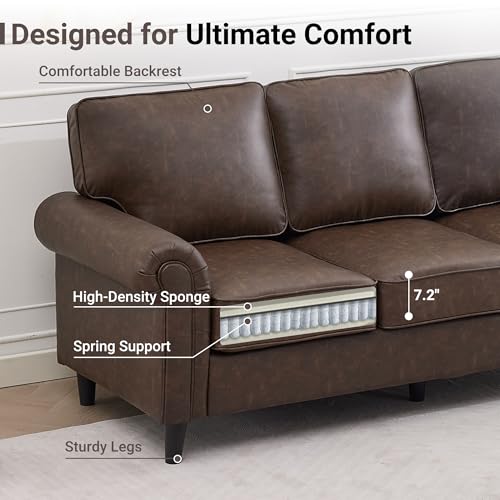 Image of Kingfun Faux Leather 3 Seater Couch, Mid Century Modern Sofa with Rolled Arms and Deep Seats, Fluffy Comfort for Living Room, Apartment, Easy Assembly, Cocoa