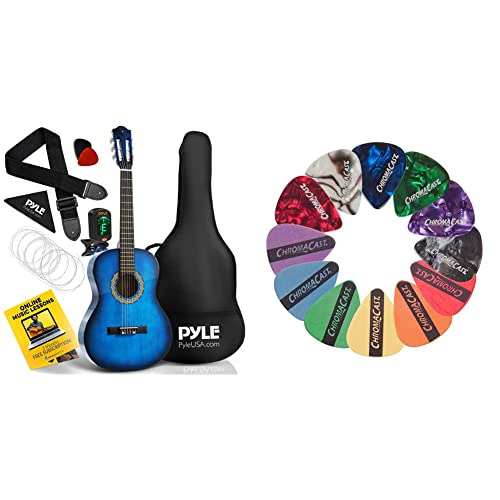 Pyle Classical Acoustic Guitar 36 Inch Junior Size Beginner Starter Kit Steel String Guitarra Acustica Bundle Pack & Chromacast Cc-Sample Sampler Guitar Picks (12 Count) #TOP8