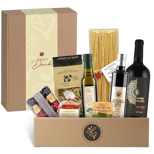 Danke-Geschenkkorb Bella Italia gefüllt mit Rotwein und italienischer Feinkost - Präsentkorb mit Olivenöl, Aceto Balsamico, Pasta, Pesto, Tartufini | für Männer & Frauen | mit 'vielen Dank' Banderole