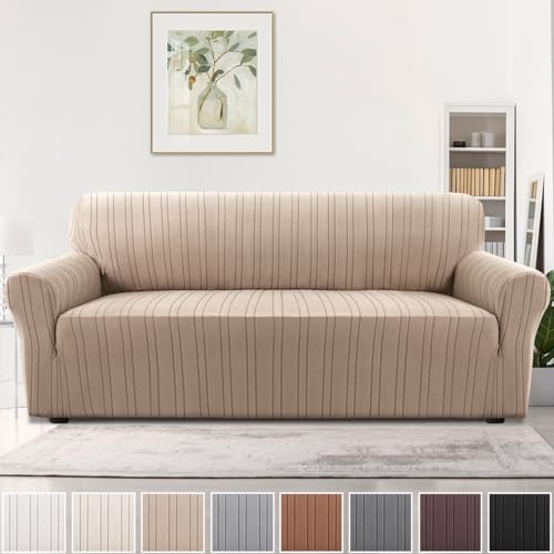 H.VERSAILTEX High Stretch Sofa Slipcover – Elastic Bottom Washable Stripe Design (Sand)