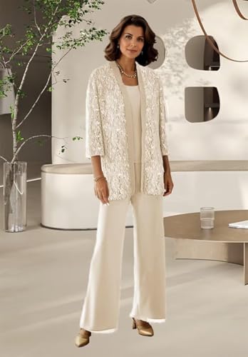 3 Pieces Mother of The Bride Pant Suits Lace Sequin Pant Suits 3/4 Sleeve Sparkly Formal Pantsuits for Women Dressy3