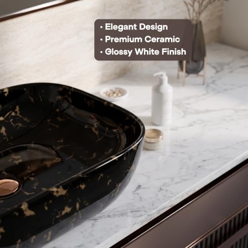 Image of Wash Basin Countertop | Tabletop Ceramic Bathroom Sink | Over Counter | Wash Basin For Bathroom (Black-Gold Matte Wash Basin,18 x 13 x 5.5 Inch)