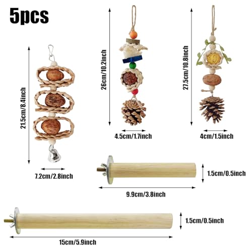 Image of 5 PCS Natural Bird Chewing Toys & Perches for Small Lovebirds, Budgies, Cockatiels - Wooden, Rattan, Vine, Beige