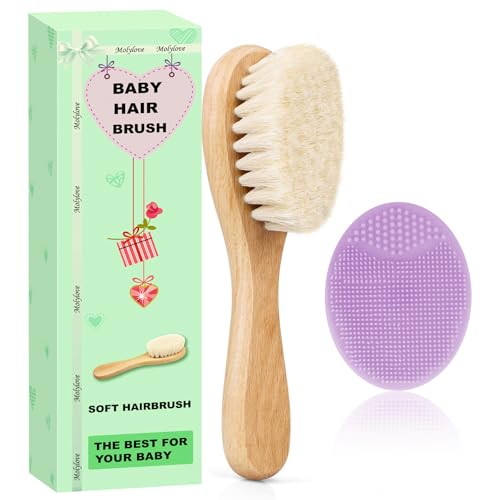 Image of Molylove Baby Hair Brush and Purple Cradle Cap Brush Set for Newborns and Toddlers, Wooden Baby Hair Brush Set with Soft Goat Bristle, Baby Hair Care Kit 2PCS