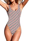 SHEKINI Women's Retro High Cut Low Back One Piece Swimsuits Brazilian Bikini Bathing Suit(Christmas Stripes, Small)