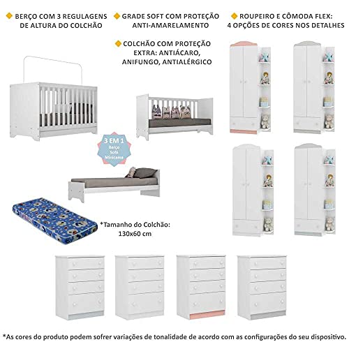 Quarto Infantil Completo com Berço 3x1 e Colchão Incluso Multimóveis João e Maria Fg3034 Branco/colo