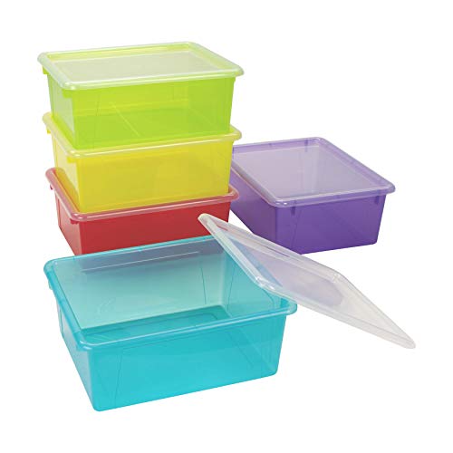 Image of Storex Letter Size Deep Storage Tray - Organizer Bin with Non-Snap Lid for Classroom, Office and Home, Assorted Tints, 5-Pack (62550A05C)