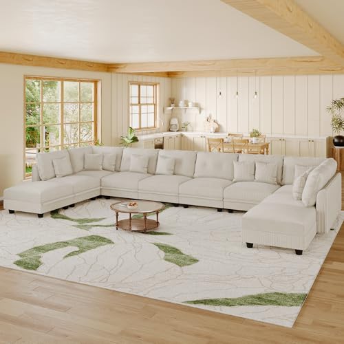 Image of LLappuil 163 inch Modular Sectional Sofa with Storage, U Shaped 10-Seat Pet-Friendly Corduroy Couch with 10 Throw Pillows, Oversized Convertible Sofa Set for Living Room & Large Space, Beige