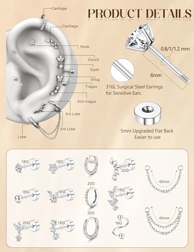 Cartilage Earrings for Women - 14K Gold Plated Flat Back Helix Conch Tragus Piercing Jewelry Single Stainless Steel Stud Earrings Hoops Stackable Set4