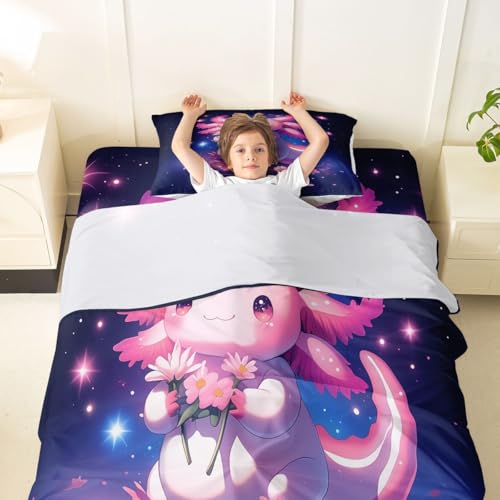 Image of jejeloiu Cute Axolotl Bed Sheets Set Twin Size Cartoon Pink Axolotl Bed Set Kawaii Salamander Sea Ocean Animal Deep Pocket Fitted Sheet Purple Dreamy Starry Breathable Soft Lightweight Microfiber