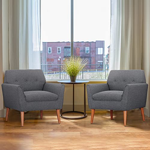 Funkeen Modern Accent Chair Set of 2 Comfortable Button Tufted Reading Sofa Chair Comfy Upholstered Linen Fabric Arm Chair Bedrooms Living Room Chairs for Small Spaces-Dark Grey