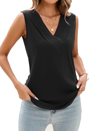 Famulily Tanktops Frauen Ärmellose Bluse Plisserte V Ausschnitt Damen Oberteil Sommer Tops 2025 (XL,Schwarz)