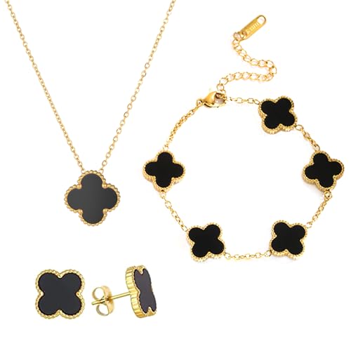 YAHUNI Juego de joyas de trébol de la suerte de cuatro hojas, chapado en oro de 18 quilates, juego de joyas con colgante de trébol de cuatro hojas, collar, pendientes, pulsera, esmalte, juego de joyas