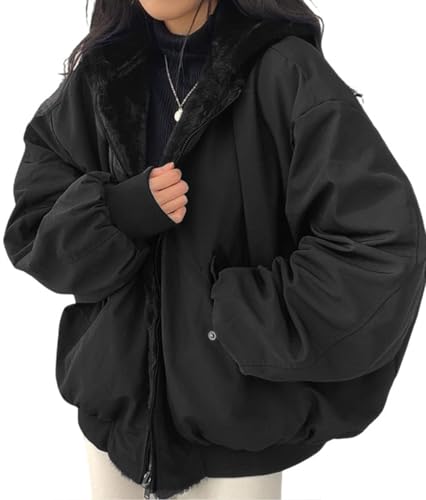 Uikue Women Fleece Lined Jacket Winter Warm Reversible Sherpa Coat Fashion Hooded Zip Up Outerwear with Pockets(Black,M)