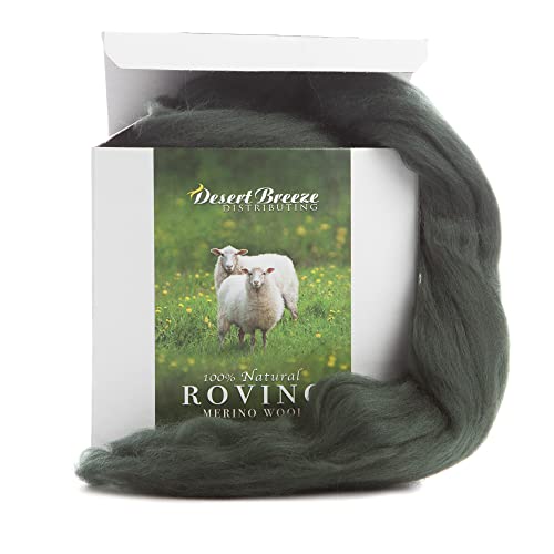 Image of Desert Breeze Distributing - 100% Natural Merino Wool Roving, Wool for Spinning, Tapestry Yarn, Needle Felting, Wet Felting, Big Yarn Roving, 19 Micron, 70mm Staple Length, 8 OZ Size, Color Pine Green