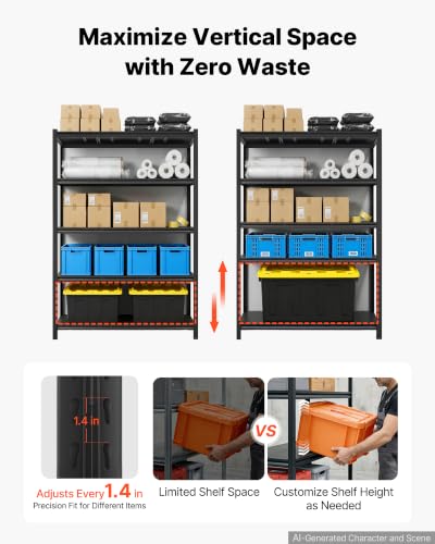 Image of VEVOR Storage Shelves, 5-Tier Adjustable, 3000 lbs Capacity, Heavy Duty Garage Storage Shelving Unit, Metal Utility Rack Shelf, for Garage Workshop Warehouse Basement, 48.43 inch W x 24.53 inch D x 71.38 inch H