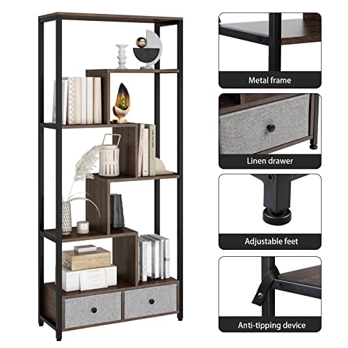 Hifit Bookshelf With 2 Drawers, Tall Bookcase With 9 Open Bookshelf For Living Room, Free Standing Display Shelf For Reading Room Bedroom Entryway Hallway, 31.5”W X11.8”D X 70.9”H, Brown #TOP3