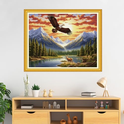 Image of DMCVIVR Stamped Cross Stitch Kits for Beginners Adults Needlepoint Kits for Beginners Embroidery Kits for Adults Crossstitch Kit for Beginners 11CT- Sunrise Eagle 16x20 inch