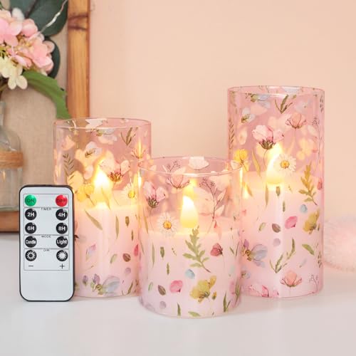 Image of Crystal Club Flameless LED Candles with Remote Timer, Pink Floral Glass Battery Operated Candles, 3 Pack Realistic Flickering Pillar Candles for Wedding Home Centerpiece Decoration