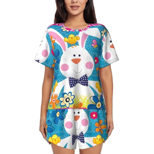 Ensemble pyjama femme manches courtes motif Pâques vêtement de nuit décontracté léger avec poches