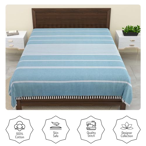 Image of 210 TC Handmade Double Bedsheet | Without Pillow Cover | Handloom Cotton Bedsheets for Double Bed | Bed Sheet Size (90X100 Inches, 7.5 x 8.3 Feet | Smalt Blue)