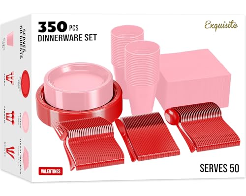 Party Solids 350 Pieces Valentines Plastic Plates For Party, Valentines Disposable Plates Set, 50 Of Each 9" Dinner Plate Set, 7" Dessert Plate, Cups, Napkins & Cutlery Plastic Dinnerware