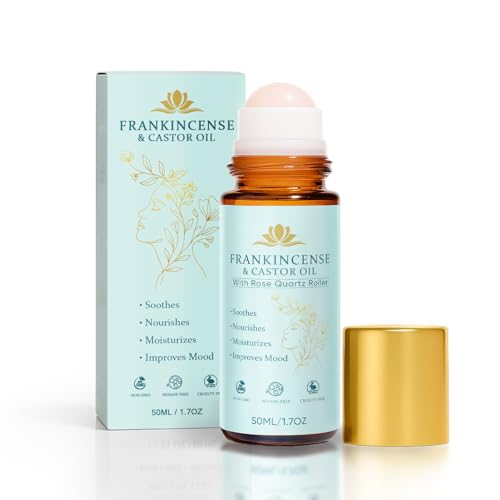 Frankincense and Castor Oil Roll On, Rose Quartz Roller for Face Neck & Body, Soothing Moisturizing Oil Helps Skin Feel Soft Smooth & Nourished, Clean Plant-Based Formula, 1.7 fl oz (1)