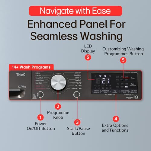 Image of LG 12 Kg (Wash) / 7 Kg (Dry), AI Direct Drive Technology, Steam+ & Wi-Fi Front Load Fully Automatic Washer Dryer (FHD1207STB, Intelligent & Convenient Fabric Care & Turbowash 360, Platinum Black)