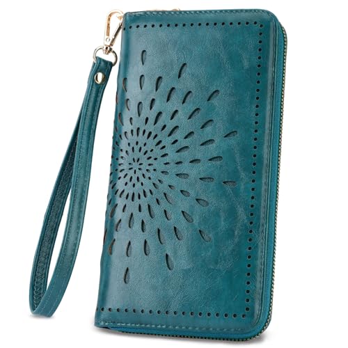 Image of APHISON Wallet Women Large Capacity Clutch Purse For Ladies Card Holder RFID Wristlet Phone Zipper Coin Travel Pocket, 02-peacock blue