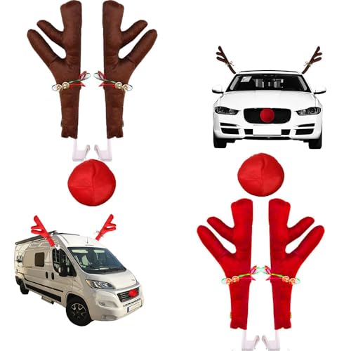 ​Christmas Reindeer Antlers Car Kit – 2 Set Plush Rudolf with Jingle Bells & Red Nose, Easy-Install for SUV/Truck/Car (Brown and red)​