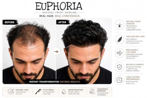 Image of EUPHORIA European Full Lace Hair Patch for Men | 0.03 mm Ultra Thin Lace Base | 100% Human Hair Toupee | Undetectable Hairline | Breathable Non-Surgical Replacement System | (Brown, 8x6)