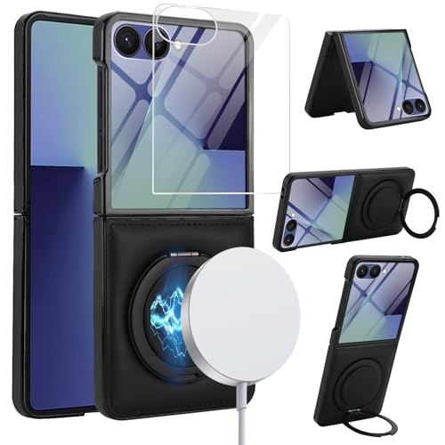 XIMAND for Samsung Galaxy Z Flip 7 �P�[�X�A�}�O�l�b�g�������O�z���_�[�A360 �x��]�u���P�b�g�A�����t�����g�X�N���[���v���e�N�^�[�A�X�����ȗ����h�~�ϏՌ��P�[�X�t���B(�u���b�N)