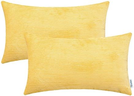 CaliTime Pack of 2 Cozy Pillow Covers Cases for Couch Bed Sofa Ultra Soft Corduroy Striped Both Sides 12 X 20 Inches Bright Yellow