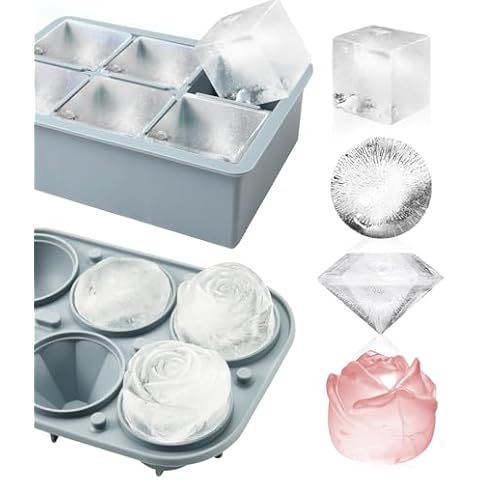 2Pack Silicone Square and Round Ice Cube Trays for Freezer - Sphere, Rose, Diamond Ice Molds for Whiskey, Cocktails & DIY, Gray Cover