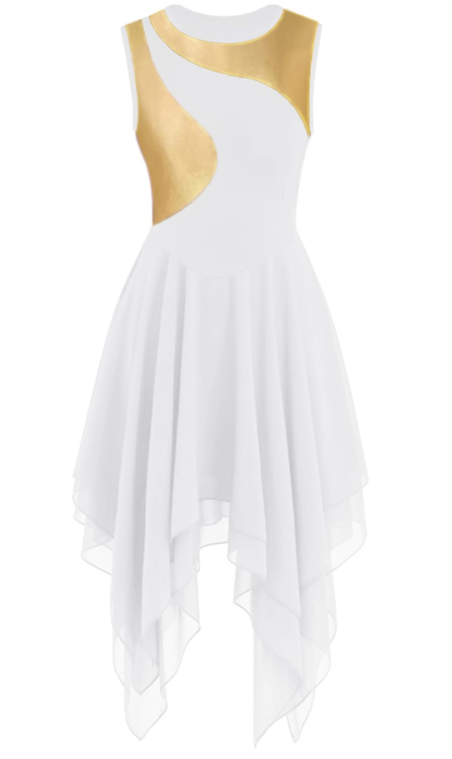 ELLYDOOR Praise Dance Tunic Dress for Women Sleeveless Color Block Irregular Flowy Skirt Liturgical Worship Lyrical Dancewear, 038 White, L