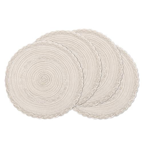 Image of SHACOS Round Placemats Set of 4 Boho Braided Border Table Place Mats for Dining Table Wedding Holiday Party (Ivory Bordered, 4)