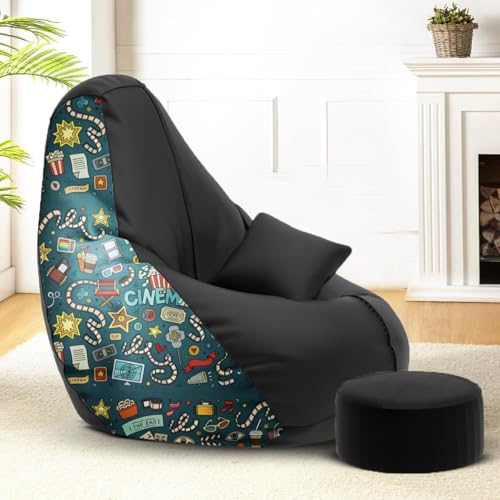 Image of Amazon Brand - Solimo 5XL Premium Faux Leather Bean Bag Combo with Footrest & Cushion, Filled with Beans | Capacity: Upto 6 Ft 7 in Height, 130 KG Weight | Cinema Love | Black