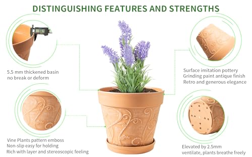 Melphoe Plant Pots Indoor with Drainage & Saucer, 2Pack 10 inch Flower Pots Outdoor Planters for Indoor Plants Garden Home Decor Cactus Succulent, Rigid Plastic (Imitation-Terracotta) Vine-Embossed by Melphoe - Image 4
