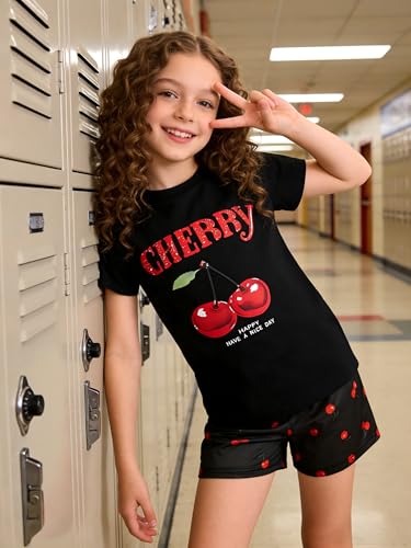 Image of KIDLAGA Girls Two Piece Sets Cherry Pattern Short Sleeve Shirts and Shorts Set With Pockets Girls Summer Outfits Size 7-14