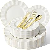 QualQuot 250PCS Ivory Plastic Plates Sets with Gold Rim, Gold Dinnerware Set for 50 Guests,100 Disposable Dinner and Dessert Plates, 150 Silverwares for Party and Wedding