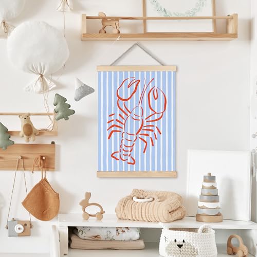 Image of PQKIY Trendy Red Lobster Coastal Wall Art Poster Hanger Frame 12x16 in, Summer Nautical Beach Seafood Blue Striped Wall Decor Canvas Prints for Home Kitchen Dining Room