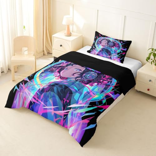 Image of Erosebridal 3D Anime Girl Bedding Comforter Sets American Street Culture Comforter Set Twin for Teens Youth Girls Watercolor Graffiti Style Bedding Galaxy Stars Print Duvet Set with 1 Pillow Case