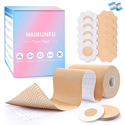 HAIRUNFU 2 Rolls Chest Binding Tape for FTM Extra Wide 4 in x 16.5 ft Waterproof Sweat-Resistant Latex-Free Light Tan 20 Nipple Covers Included