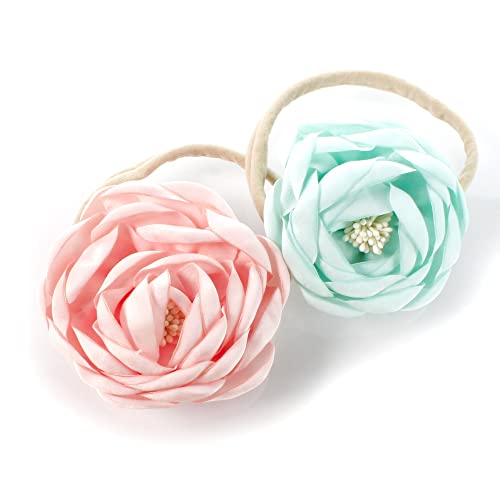 My Lello Baby Girl Ranunculus Flower Stretchy Nylon Elastic Headbands Set 2pcs - Medium - Blush Pink/Mineral Ice