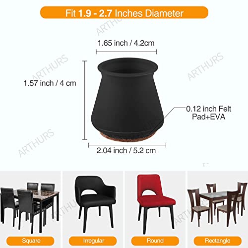 X-Large Silicone Chair Leg Floor Protectors, Black Chair Leg Caps with Felt, FIT 1.9” to 2.7” Silicon Furniture Leg Feet Cover Protect Hardwood Floor No Scratches 16 Pcs (X-Large 1.9” to 2.7”, Black)