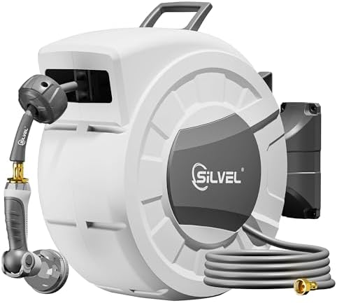 SILVEL Retractable Garden Hose Reel, 1/2 in x 110ft Wall Mount Heavy Duty Automatic Hose Reel with 10 Pattern Nozzle, Any Length Lock & Slow Return System, 180°Swivel Bracket Upgraded UV Resistant