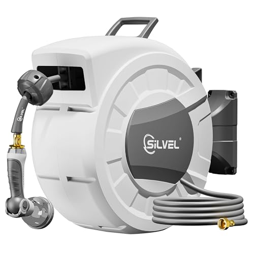 Image of SILVEL 1 /2 in x 130 FT Retractable Garden Hose Reel, Upgraded UV Resistant Heavy Duty Automatic Hose Reel Wall Mount with 10 Pattern Nozzle, Any Length Lock & Slow Return System, 180Swivel Bracket