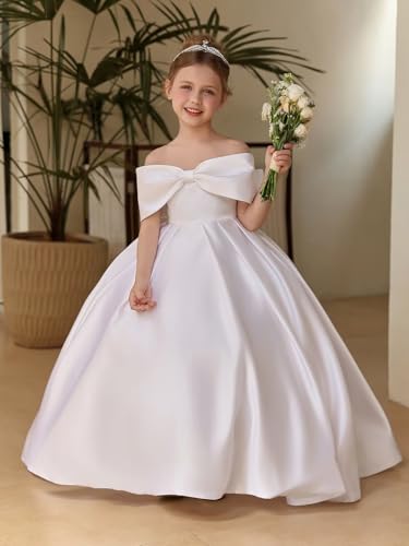 JISISANG Off Shoulder Flower Girl Satin Dresses for Wedding Girls Princess Pageant First Communion Formal Dresses4