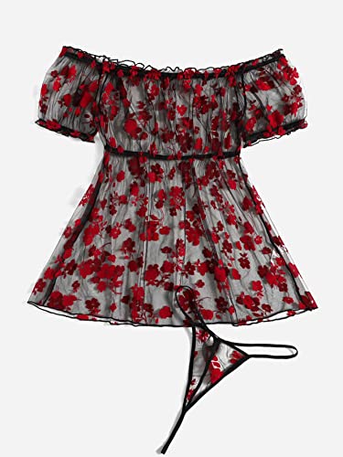 SOLY HUX Women's Plus Size Floral Sheer Mesh Lingerie Dress Babydoll Sleepwear Multicoloured 2XL