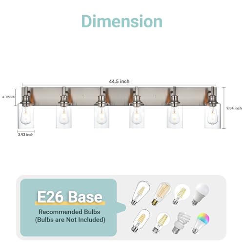 Image of Brushed Nickel 6 Light Bathroom Vanity Lights with Clear Glass Shade, Modern Industrial Bathroom Lighting Fixtures Over Mirror, E26 Vanity Wall Sconces for Bedrom Podwer Room Hallway